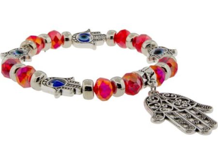 Glass Beads Elastic Bracelet Red w  Evil Eye Fatima Hand Online now